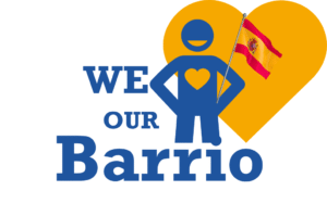 We Love Our Barrio TtMadrid campaign logo with a yellow heart, blue figure, and Spanish flag.