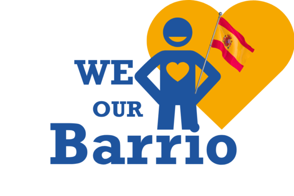 We Love Our Barrio TtMadrid campaign logo with a yellow heart, blue figure, and Spanish flag.