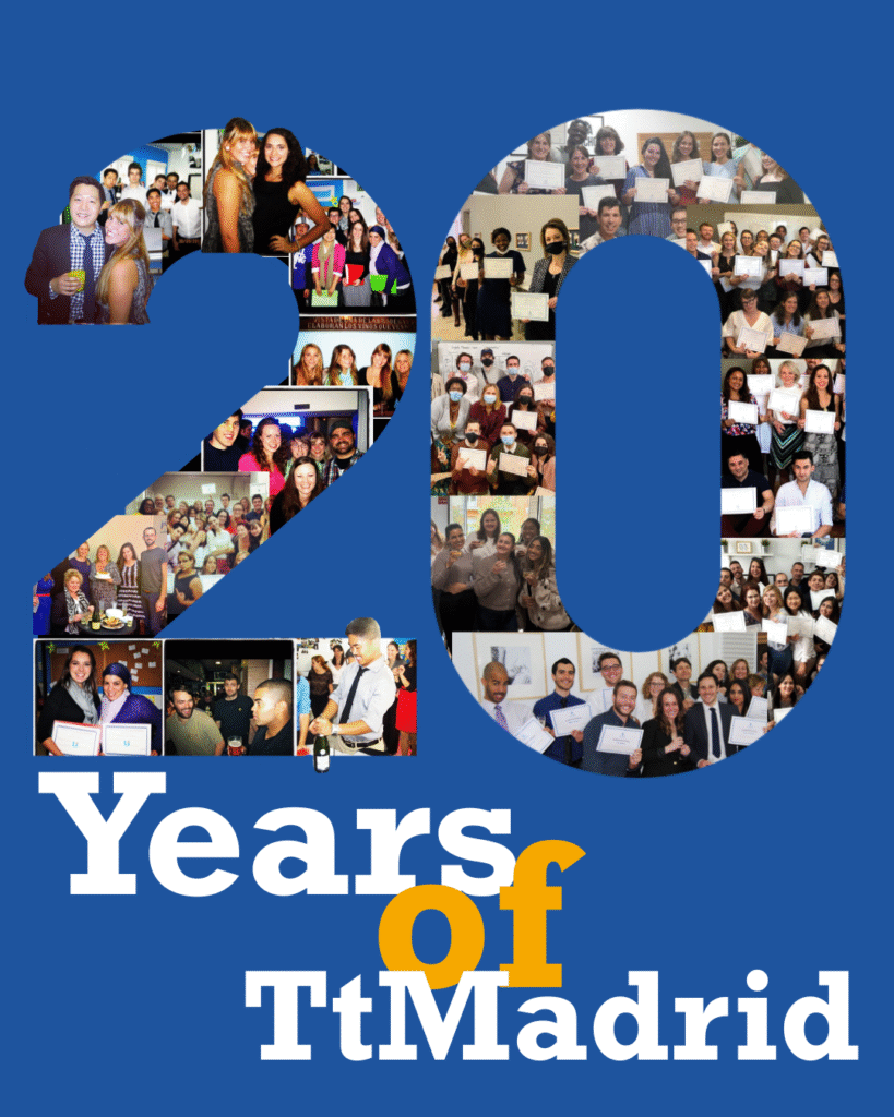 Picture of the number 20 with old pictures of TEFL training at TtMadrid
