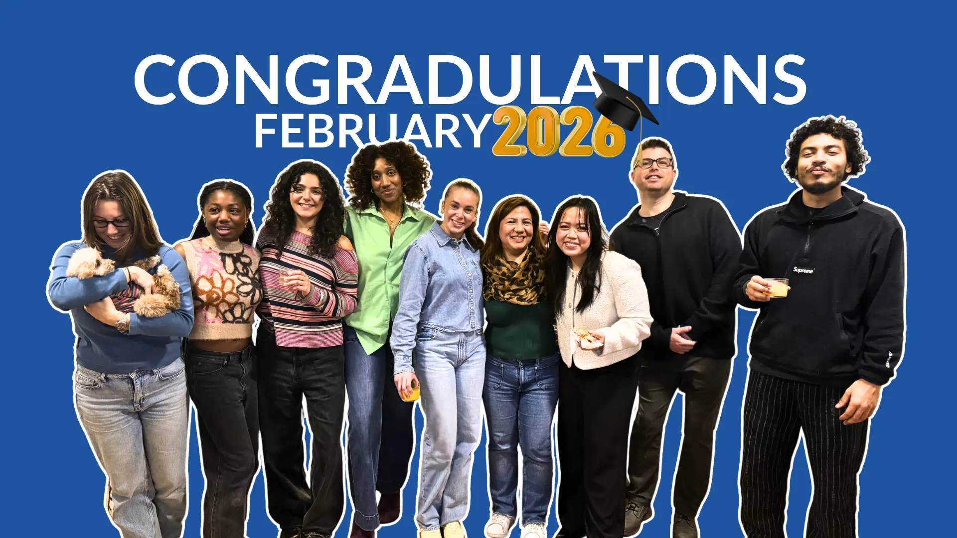 A diverse group of nine smiling TtMadrid graduates standing together against a blue background, celebrating their TEFL certification in February 2026.