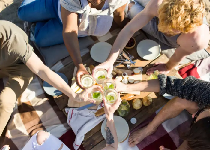 Top-down view of a group of friends sharing a picnic on a blanket with drinks, bread, and snacks, representing the social lifestyle in Madrid.