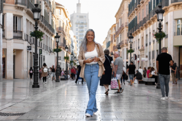 A woman with grey hair smiling and walking confidently down a sun-drenched pedestrian street in Madrid.