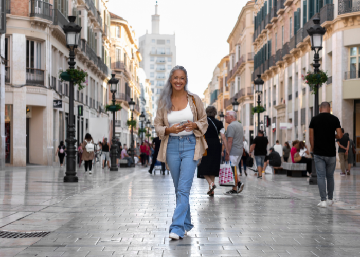 A woman with grey hair smiling and walking confidently down a sun-drenched pedestrian street in Madrid.
