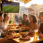 TTMadrid TEFL students and locals sharing tapas and laughing together on a Madrid terrace during a football match