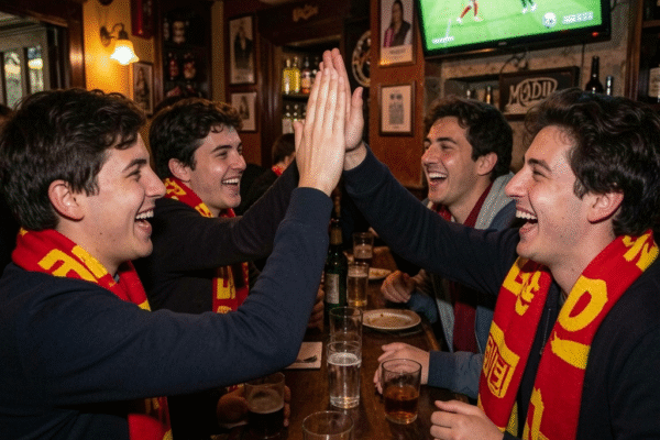 Group of young expats and locals celebrating a football goal with Spanish flags at a Madrid taberna during the 2026 World Cup