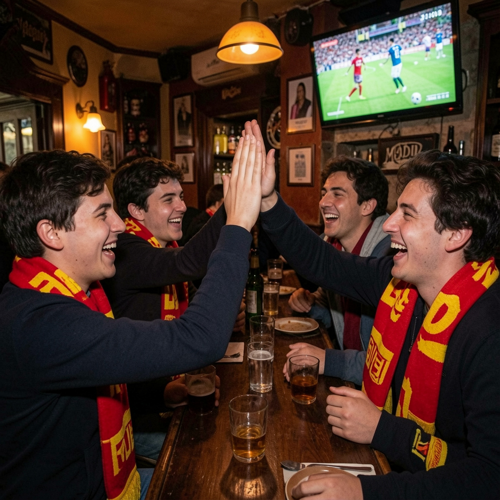 Group of young expats and locals celebrating a football goal with Spanish flags at a Madrid taberna during the 2026 World Cup