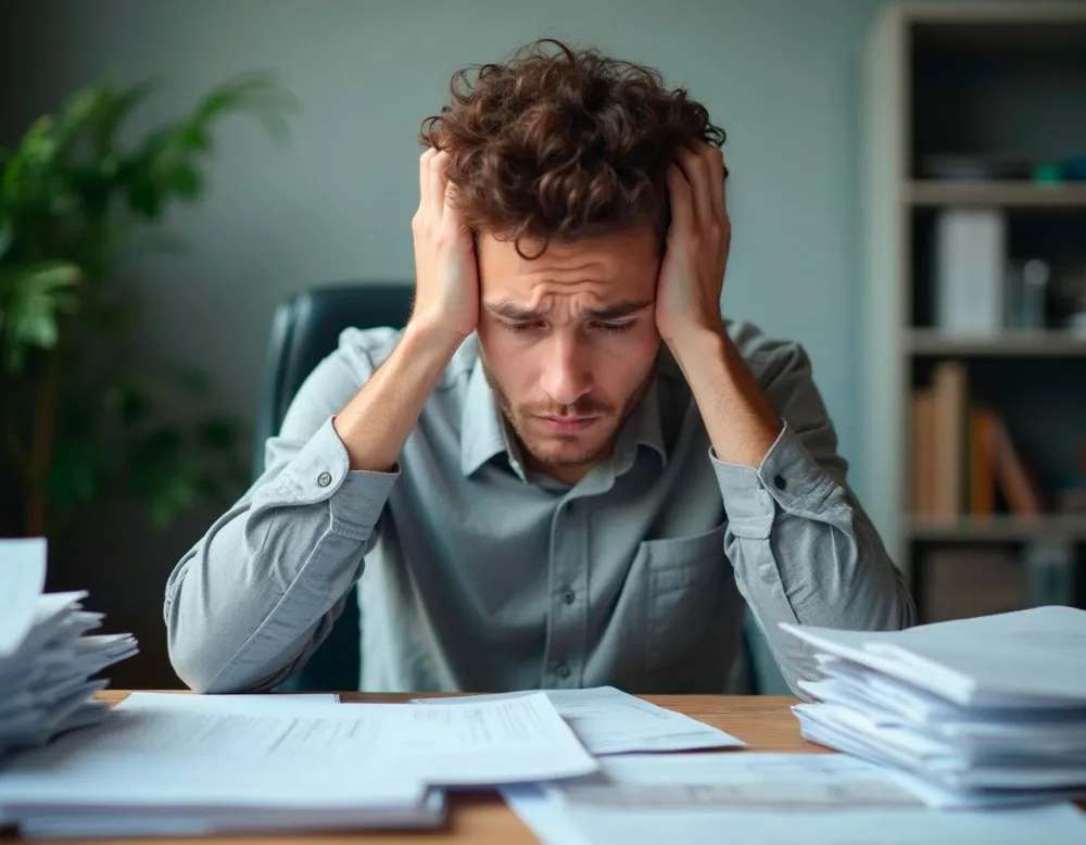 A frustrated student sitting at a desk with his hands on his head, surrounded by large stacks of visa application forms and paperwork.